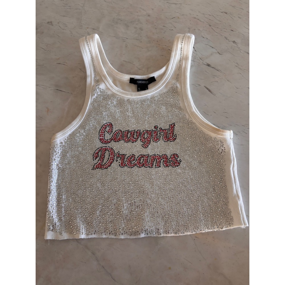 Forever 21 White Cowgirl Dreams Rhinestone Ribbed Crop Tank Top Small